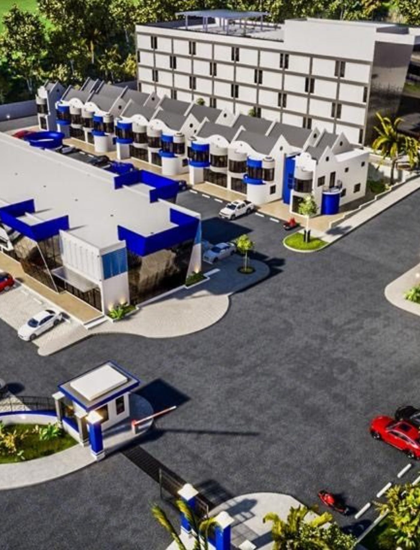 Aerial rendering of Bloomfield Professional Center with its gatehouse, Block D and the Block B suites